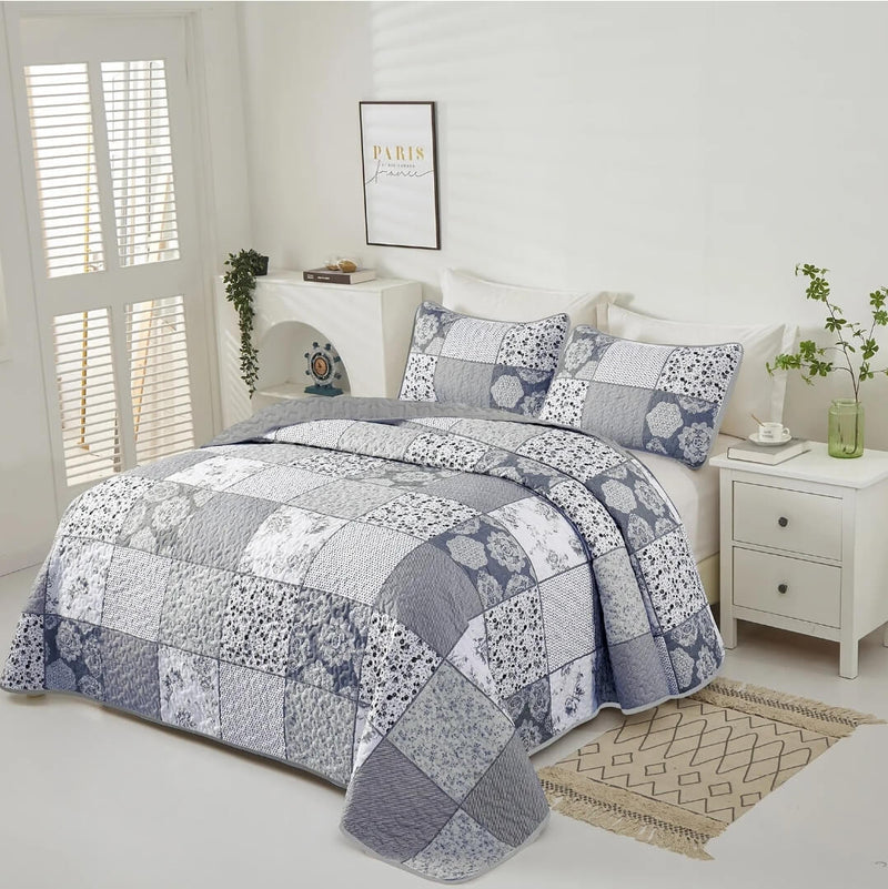 2025 Grey Patchwork Bedspread Set – 3 Piece Quilted Floral Coverlet