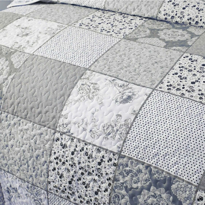 Grey Patchwork Coverlet Set-Floral Quilted Bedspread Sets (3Pcs)