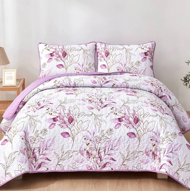 2025 Purple Floral Coverlet Set-Quilted Bedspread Sets (3Pcs)