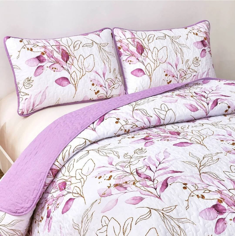 2025 Purple Floral Coverlet Set-Quilted Bedspread Sets (3Pcs)