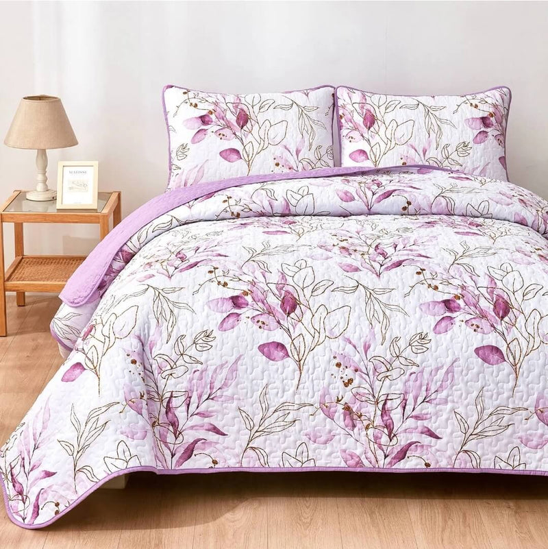 2025 Purple Floral Coverlet Set-Quilted Bedspread Sets (3Pcs)