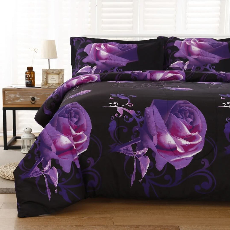 Black Base Purple Floral Comforter Set-Quilt Set (3Pcs)
