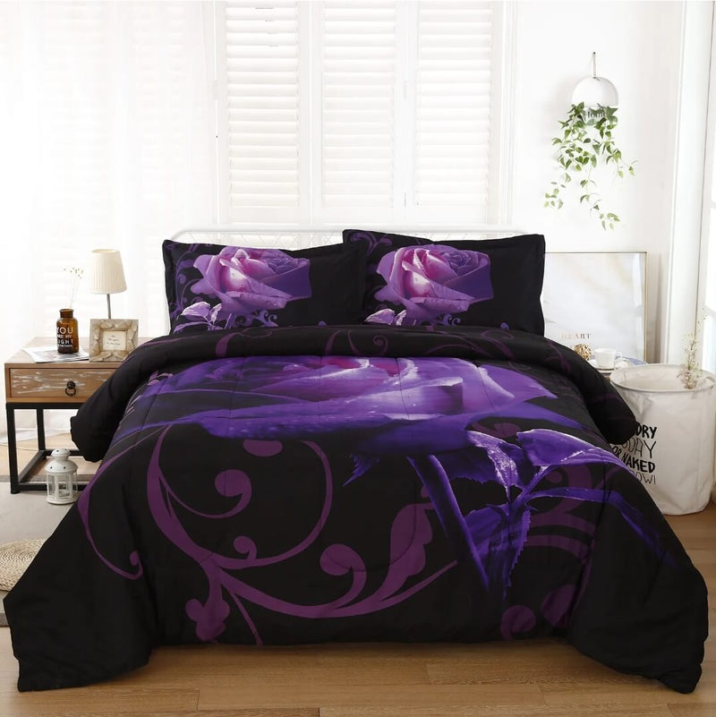 Black Base Purple Floral Comforter Set-Quilt Set (3Pcs)