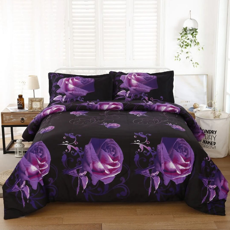 Black Base Purple Floral Comforter Set-Quilt Set (3Pcs)