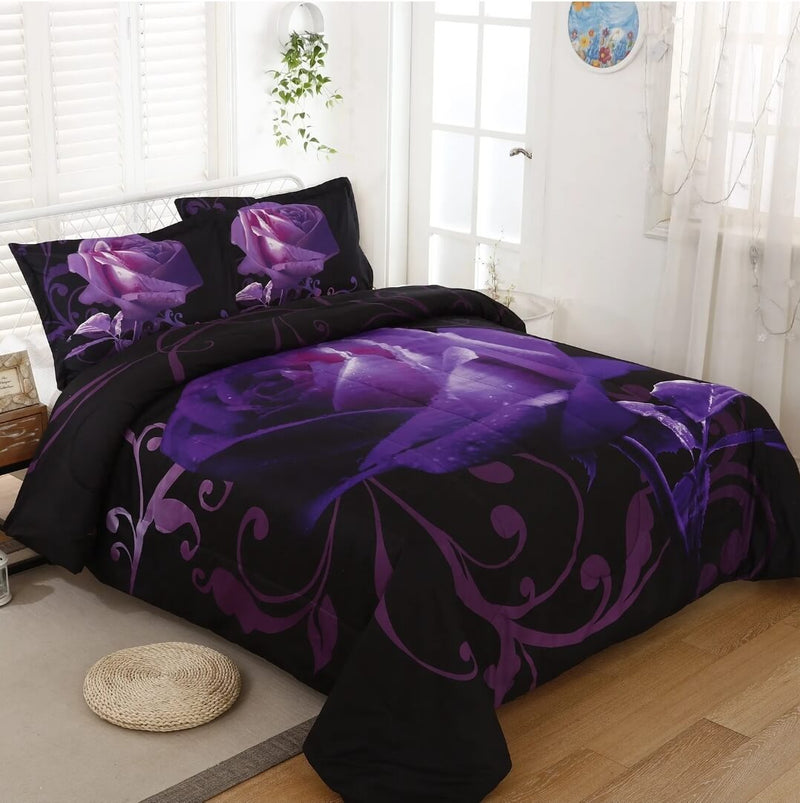 Black Base Purple Floral Comforter Set-Quilt Set (3Pcs)