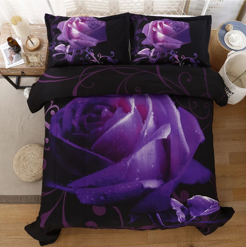 Black Base Purple Floral Comforter Set-Quilt Set (3Pcs)
