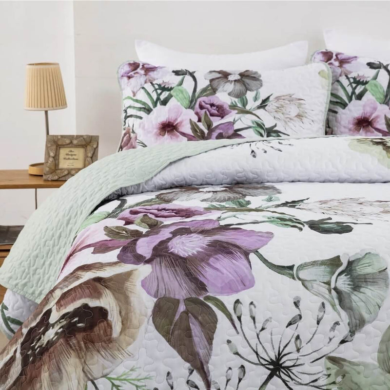 Purple Green Floral Bedspread Coverlet Sets (3Pcs)