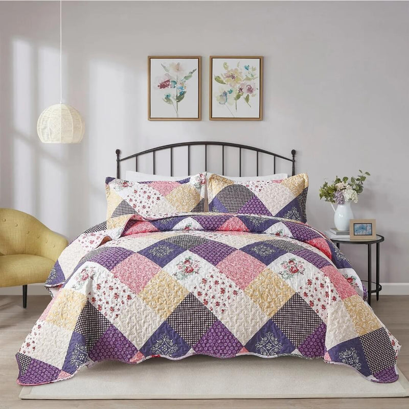 Purple Patchwork Coverlet Set-Floral Quilted Bedspread Sets (3Pcs)