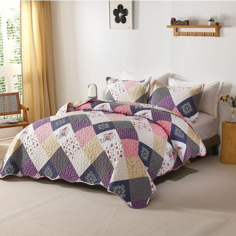 Purple Patchwork Coverlet Set-Floral Quilted Bedspread Sets (3Pcs)