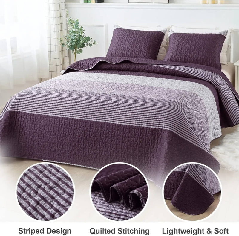 Purple & Grey Coverlet Set-Quilted Bedspread Sets (3Pcs)