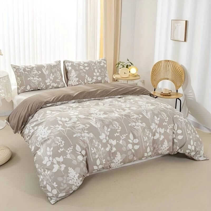 Beige Base Botanical Quilt Cover - Ultra Soft Donna/Duvet Cover Set 2xPillowcases