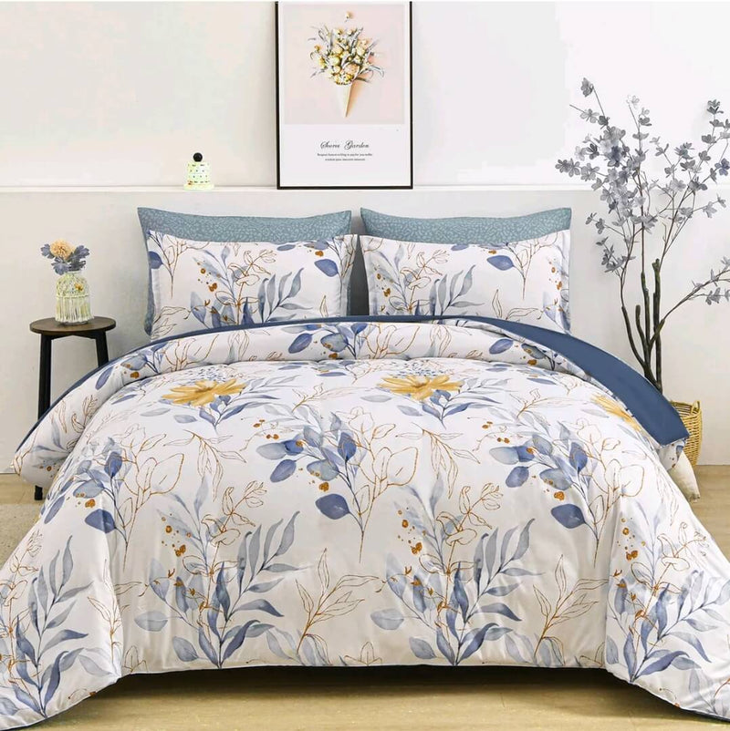 Blue Botanical Quilt Cover - Ultra Soft Donna/Duvet Cover Set 2xPillowcases