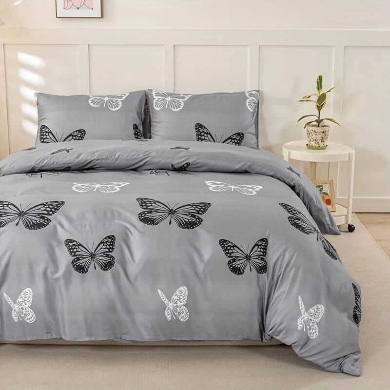 Grey Base Butterfly Design Quilt Cover - Ultra Soft Donna/Duvet Cover Set 2xPillowcases