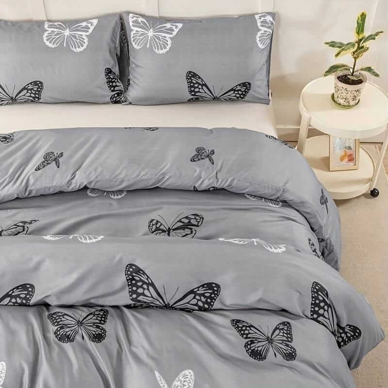 Grey Base Butterfly Design Quilt Cover - Ultra Soft Donna/Duvet Cover Set 2xPillowcases