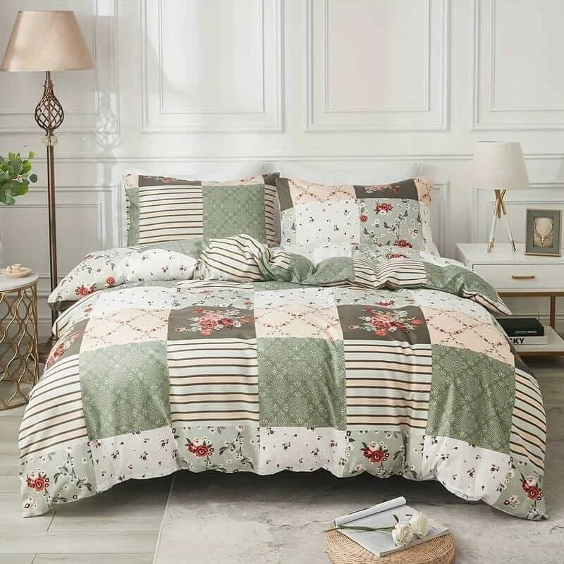 Green & Beige Patchwork Quilt Cover - Ultra Soft Donna/Duvet Cover Set 2xPillowcases