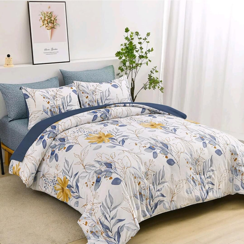 Blue Botanical Quilt Cover - Ultra Soft Donna/Duvet Cover Set 2xPillowcases