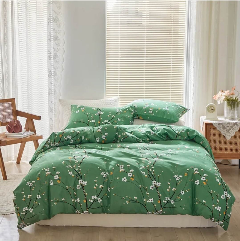Green Floral Quilt Cover - Ultra Soft Donna/Duvet Cover Set 2xPillowcases