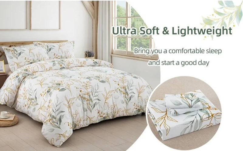 Green Botanical Quilt Cover - Ultra Soft Donna/Duvet Cover Set 2xPillowcases