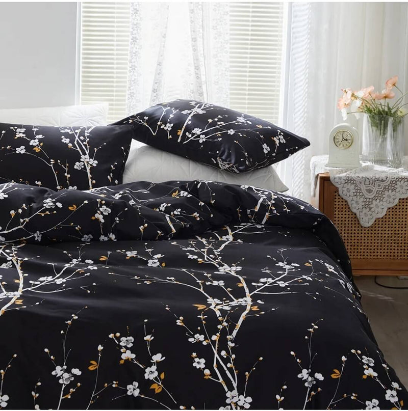 Black Botanical Quilt Cover - Ultra Soft Donna/Duvet Cover Set 2xPillowcases