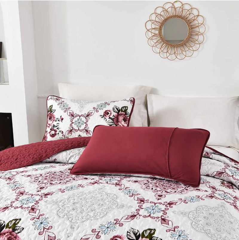 Red Floral Bedspread Coverlet Set-Quilted Bedspread Sets (3Pcs)