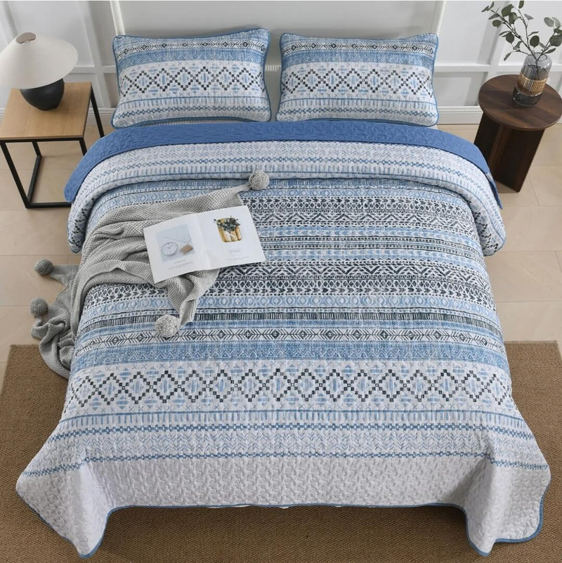 New Blue INDIAN Coverlet Set-Quilted Bedspread Set (3Pcs)