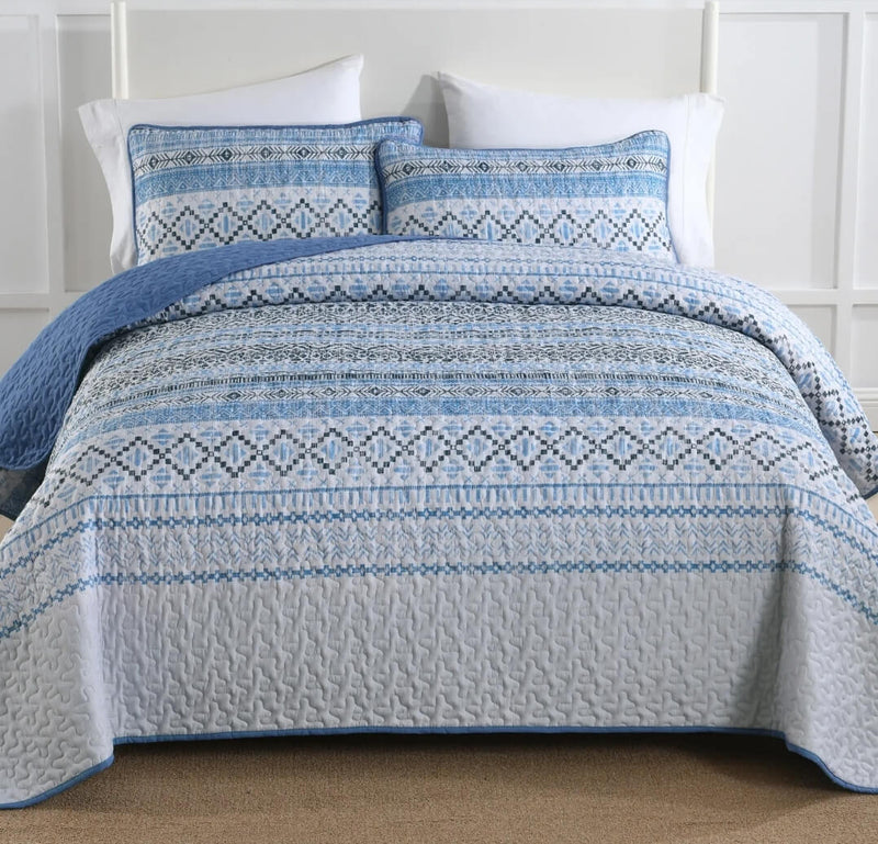 New Blue INDIAN Coverlet Set-Quilted Bedspread Set (3Pcs)