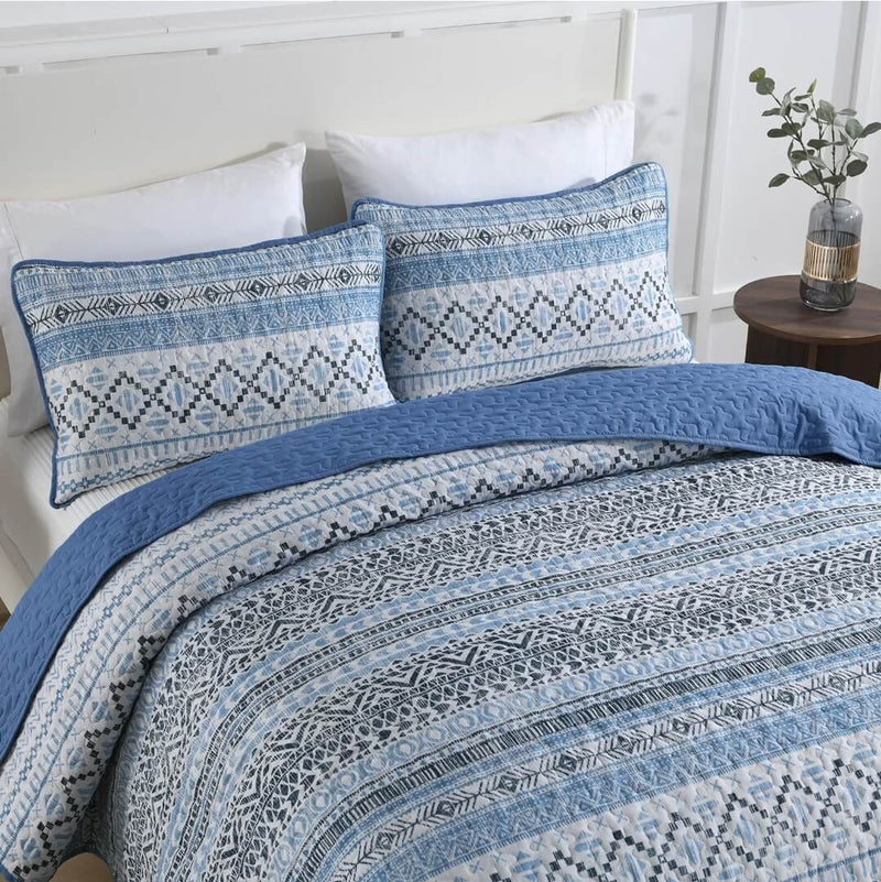 New Blue INDIAN Coverlet Set-Quilted Bedspread Set (3Pcs)