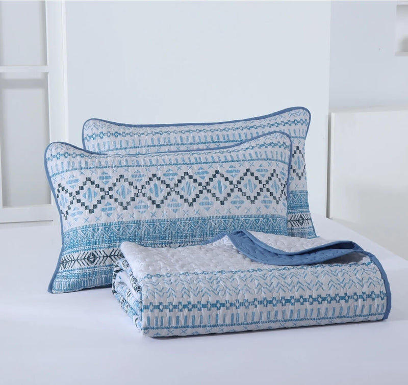 New Blue INDIAN Coverlet Set-Quilted Bedspread Set (3Pcs)