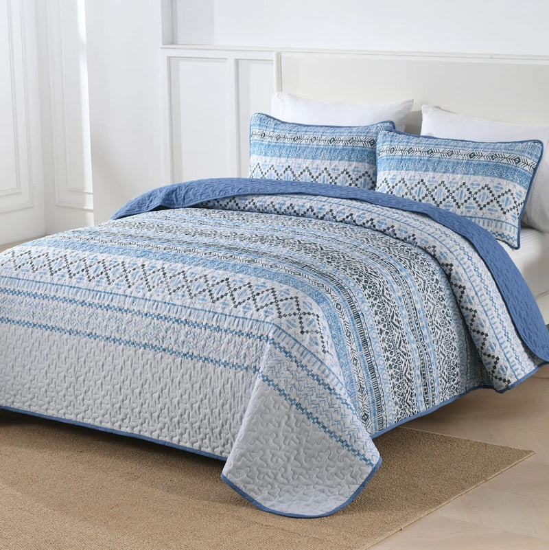 New Blue INDIAN Coverlet Set-Quilted Bedspread Set (3Pcs)