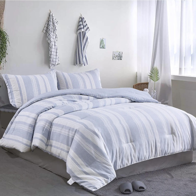 Sky Blue Striped Comforter Set-Quilt Set (3Pcs)