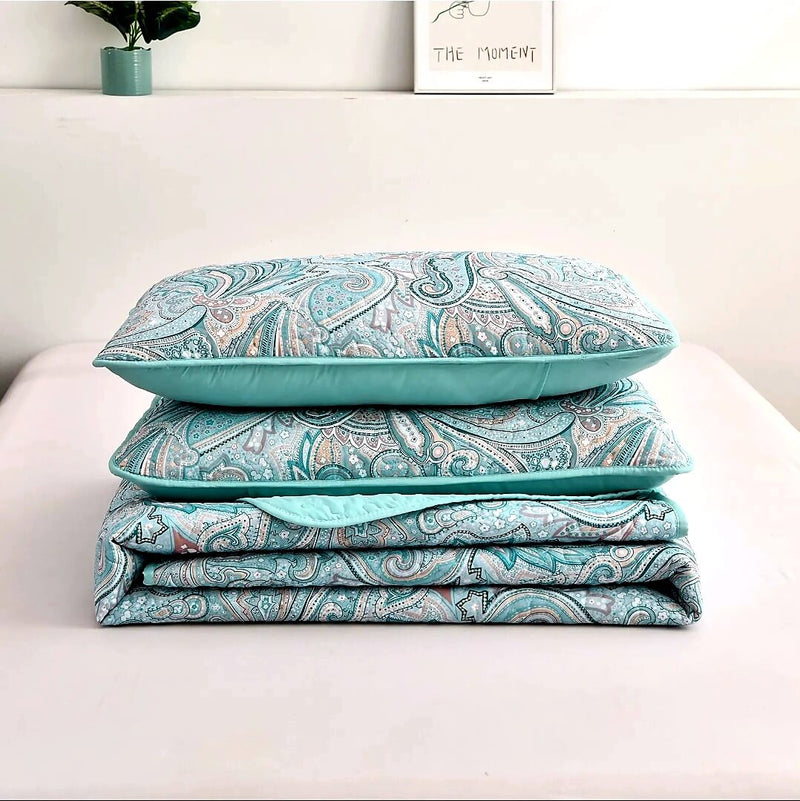 Sky Blue Paisley Coverlet Set-Quilted Bedspread Set (3Pcs)