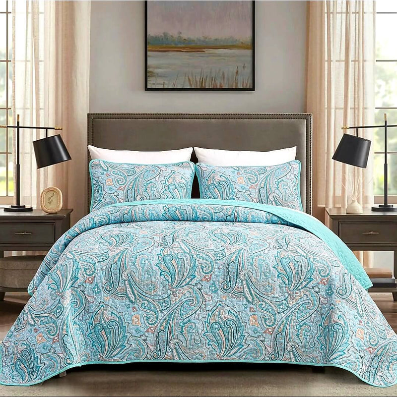 Sky Blue Paisley Coverlet Set-Quilted Bedspread Set (3Pcs)