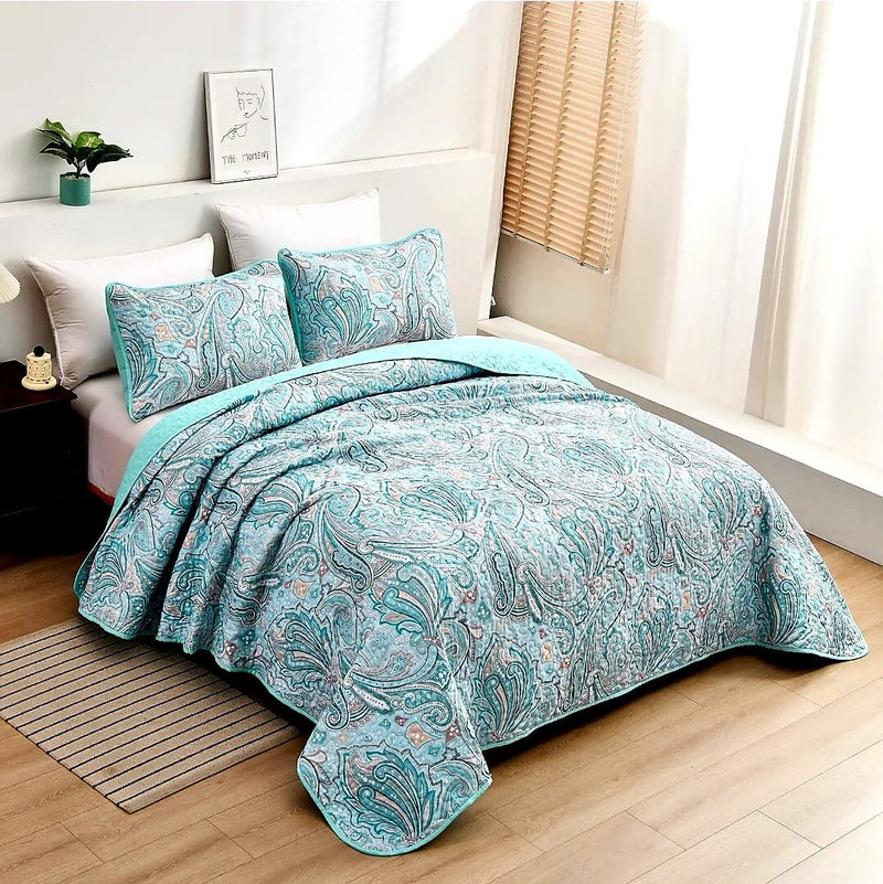 Sky Blue Paisley Coverlet Set-Quilted Bedspread Set (3Pcs)
