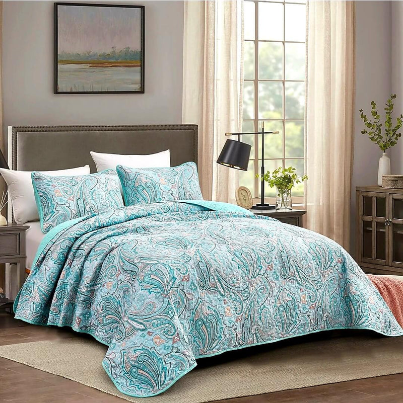 Sky Blue Paisley Coverlet Set-Quilted Bedspread Set (3Pcs)