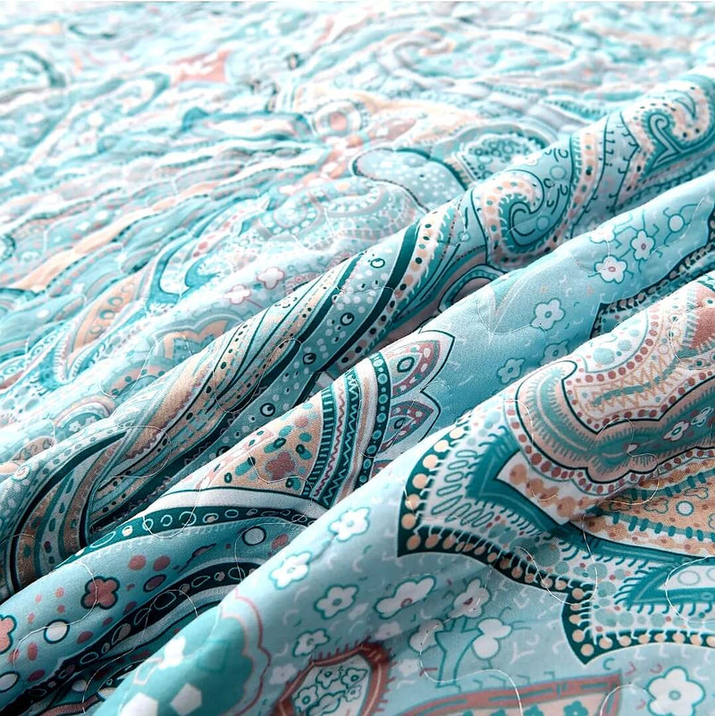 Sky Blue Paisley Coverlet Set-Quilted Bedspread Set (3Pcs)