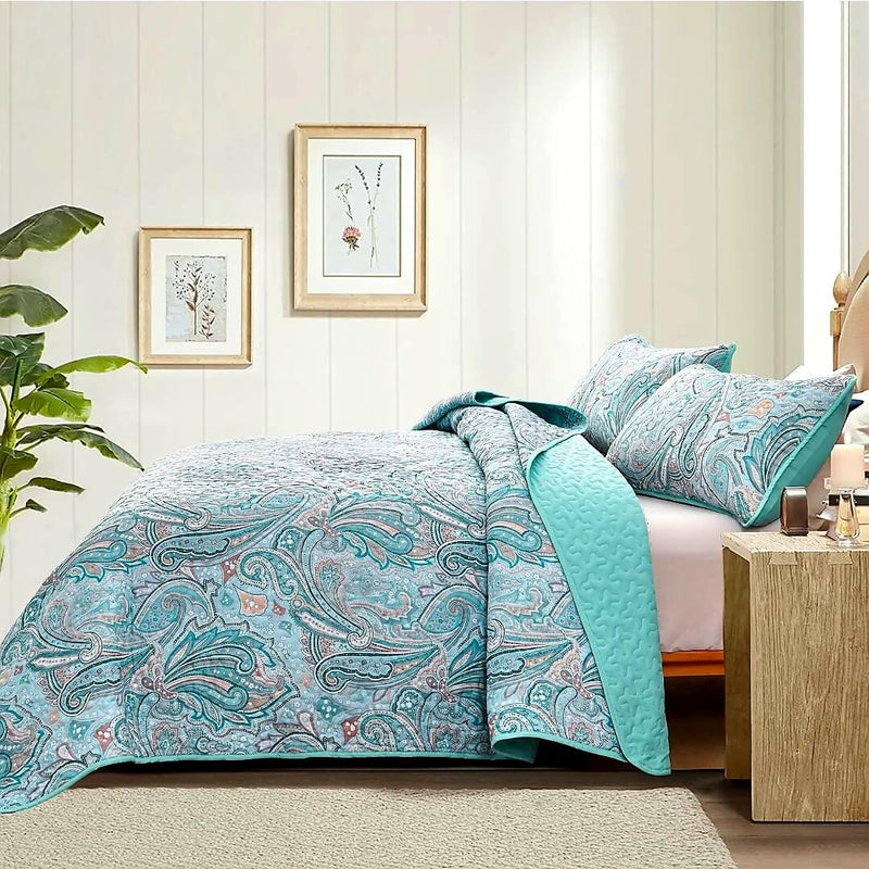 Sky Blue Paisley Coverlet Set-Quilted Bedspread Set (3Pcs)