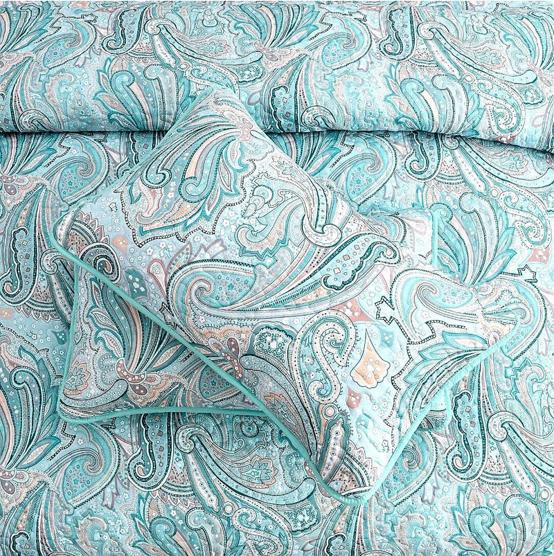 Sky Blue Paisley Coverlet Set-Quilted Bedspread Set (3Pcs)