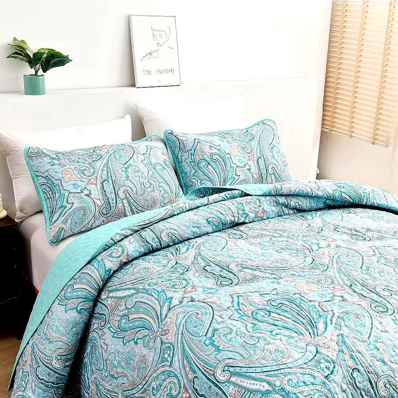 Sky Blue Paisley Coverlet Set-Quilted Bedspread Set (3Pcs)