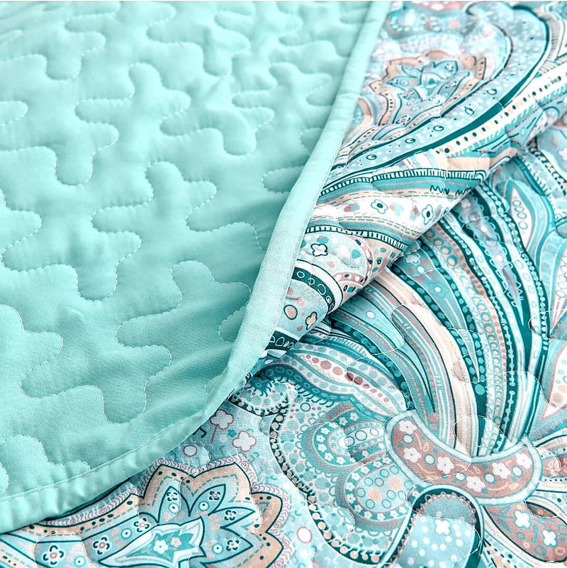Sky Blue Paisley Coverlet Set-Quilted Bedspread Set (3Pcs)