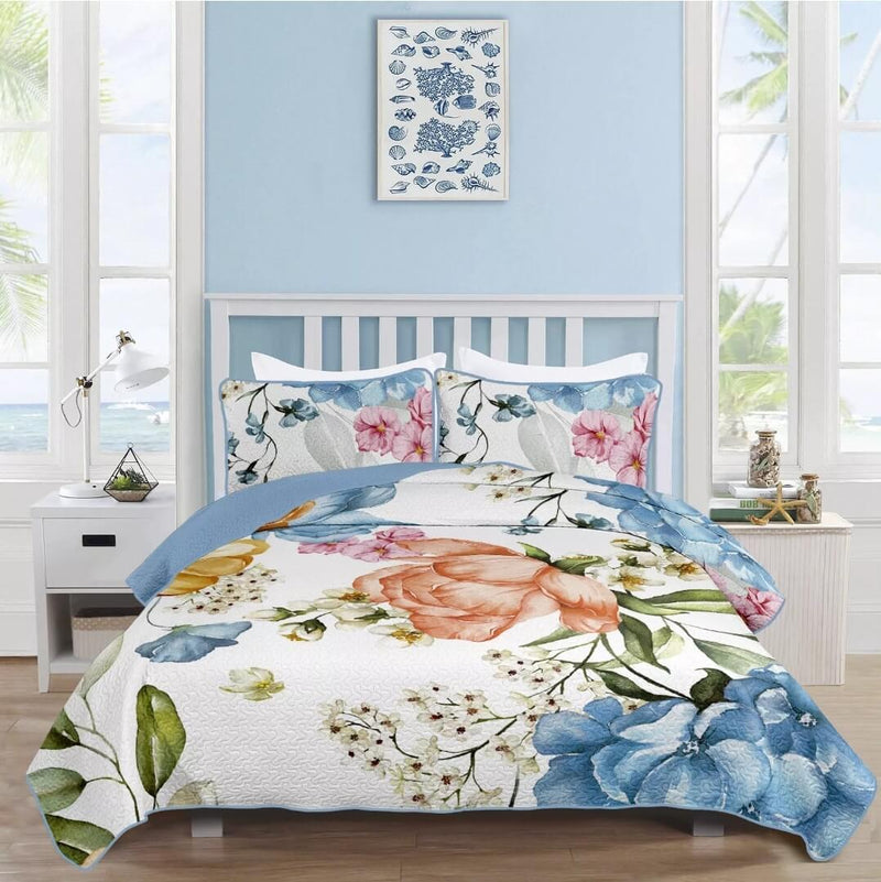Sky Blue Floral Coverlet Set-Quilted Bedspread Sets (3Pcs)