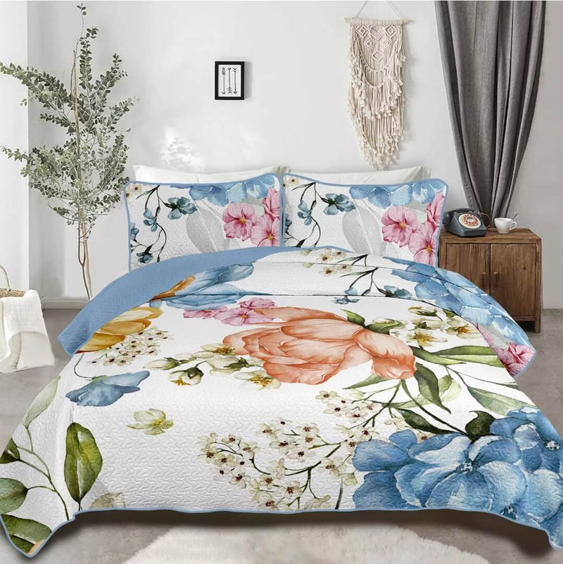 Sky Blue Floral Coverlet Set-Quilted Bedspread Sets (3Pcs)
