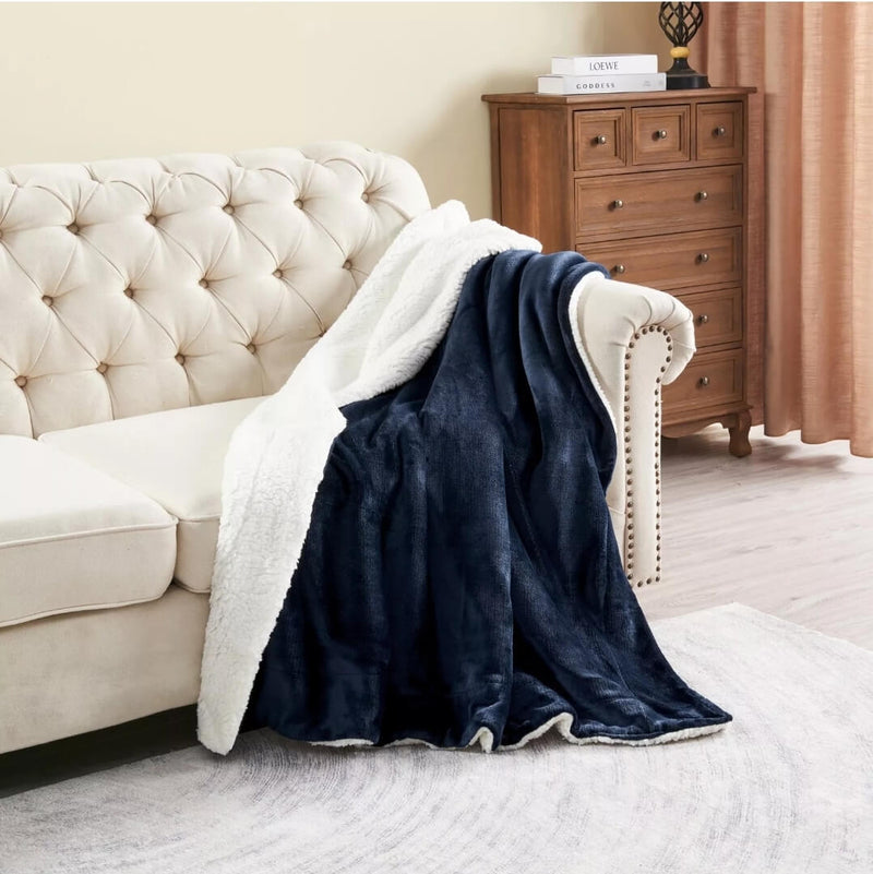 Sherpa Fleece Blanket - Cuddly Plush Sofa Throw (Dark Blue)