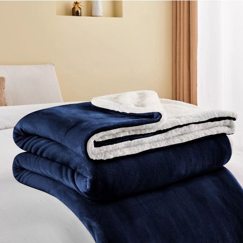 Sherpa Fleece Blanket - Cuddly Plush Sofa Throw (Dark Blue)