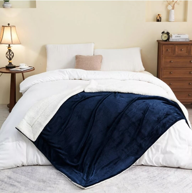 Sherpa Fleece Blanket - Cuddly Plush Sofa Throw (Dark Blue)