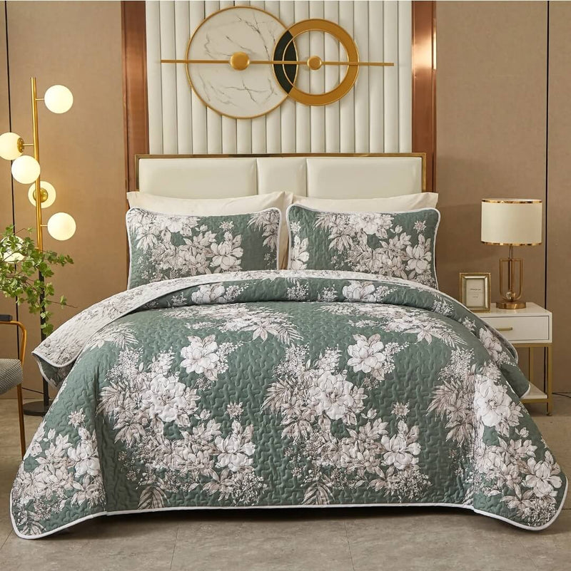 New Green Floral Quilted Bedspread Coverlet Sets (3Pcs)
