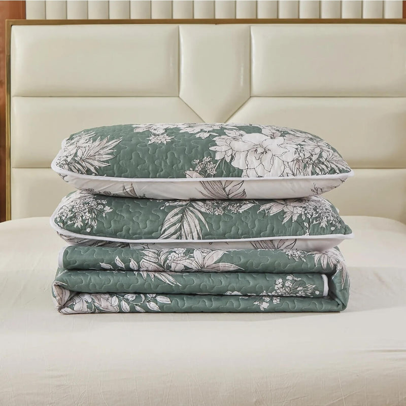 New Green Floral Quilted Bedspread Coverlet Sets (3Pcs)