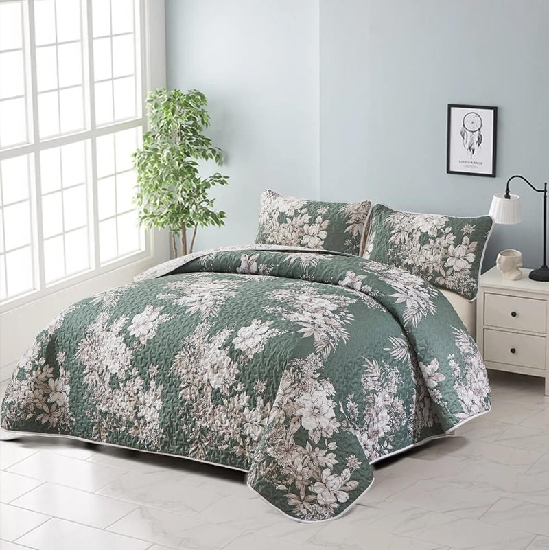 New Green Floral Quilted Bedspread Coverlet Sets (3Pcs)