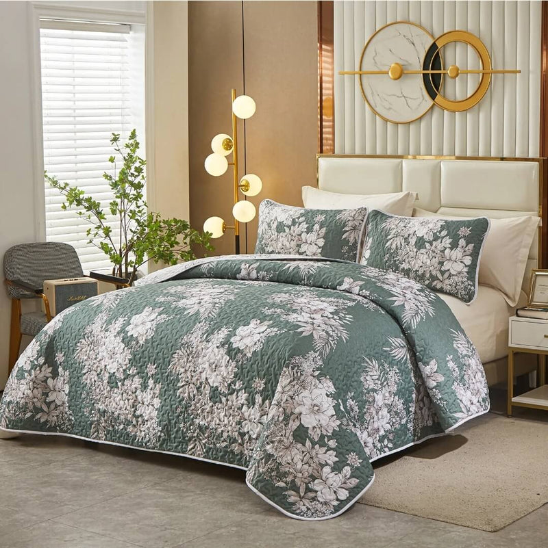 New Green Floral Quilted Bedspread Coverlet Sets (3Pcs)