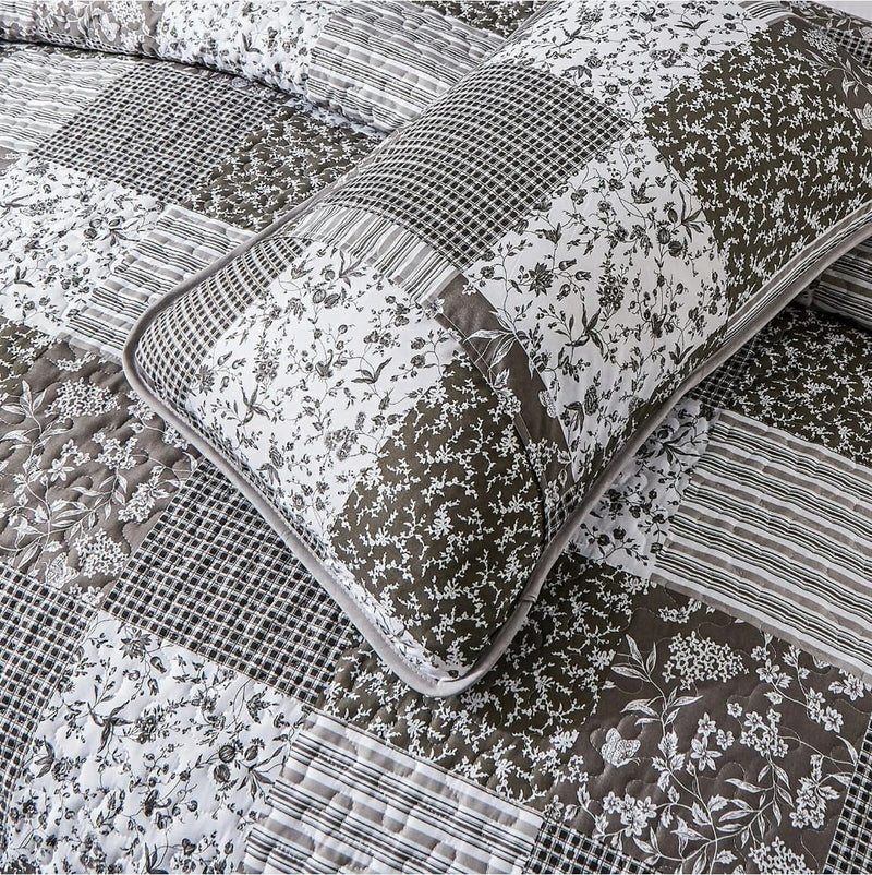 Patchwork Grey Coverlet Set-Floral Quilted Bedspread Sets (3Pcs)