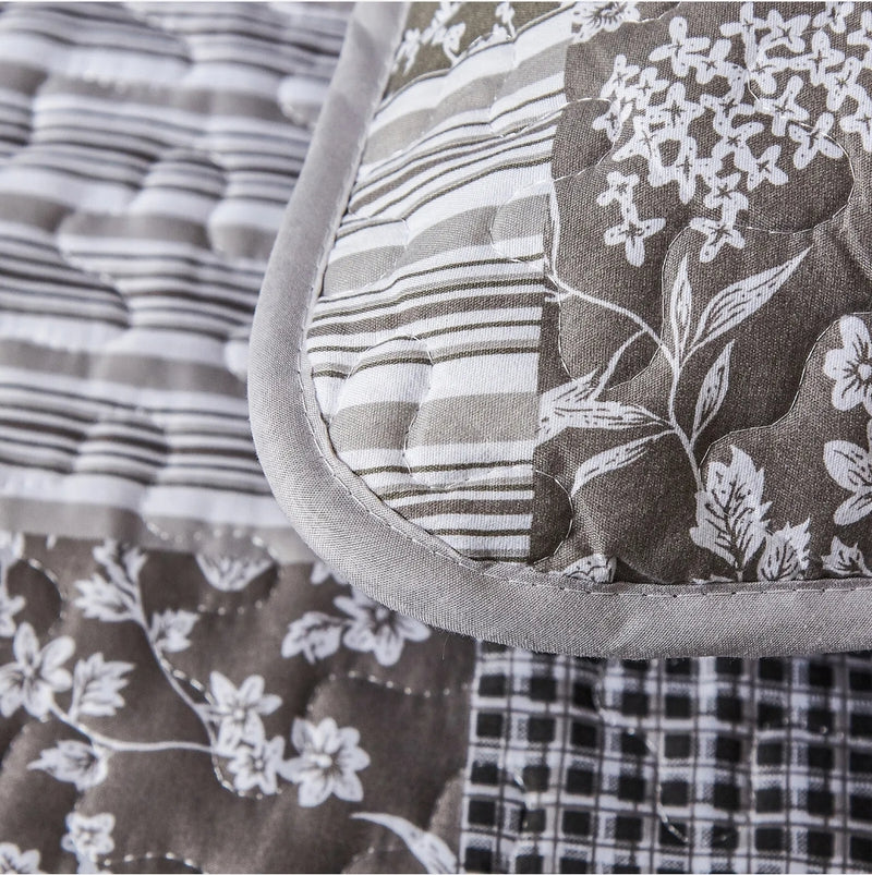 Patchwork Grey Coverlet Set-Floral Quilted Bedspread Sets (3Pcs)